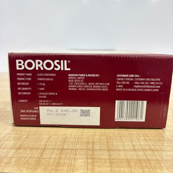 A07962 Borosil Klip-N-Store Square Glass Storage Containers Set of 3 (320 ml, 520 ml, 800 ml)