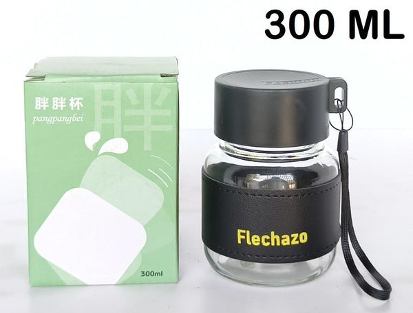 A07983 300 ml Clear Glass Water Bottle with Protective Sleeve & Carry Strap