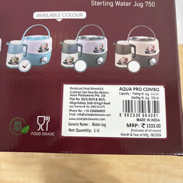 A08002 Asian Aqua Pro Combo Insulated Water Jug Set (5.5 Ltr Water Camper + 750 ml Flask Jug)