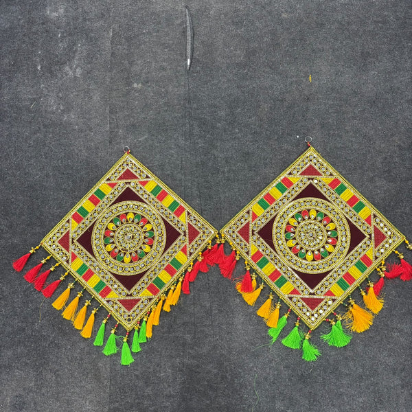 A08006 Handcrafted Ethnic Mirror Work Square Wall Hanging with Tassels (Set of 2)