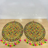A08007 Handcrafted Traditional Indian Circular Wall Decor with Intricate Zari Embroidery, Pearl Beads, and Pom-Pom Hangings (Set of 2)