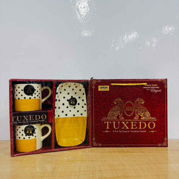 A08009 Orion Tuxedo Glassware Set – 2 Pcs Tea Cups & 1 Cookies Platter