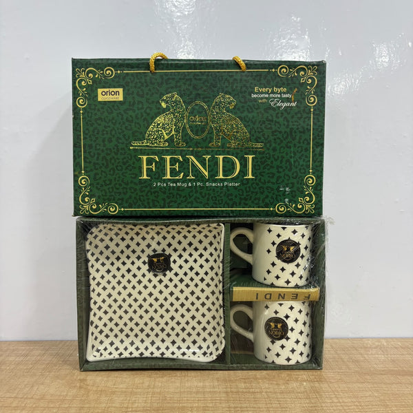 A08018 Orion Glassware Fendi 3-Piece Tea Mug & Snacks Platter Gift Set