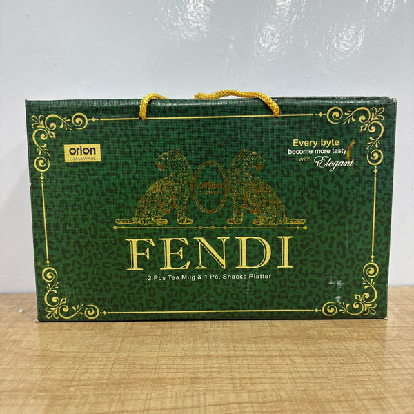 A08018 Orion Glassware Fendi 3-Piece Tea Mug & Snacks Platter Gift Set