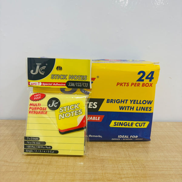 A08028 JC Lined Self-Adhesive Stick Notes (3x3 Inch, Yellow)