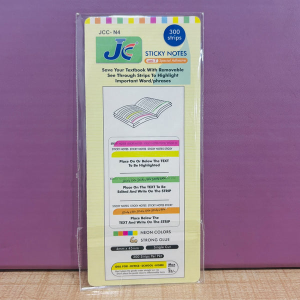 A08027 JC Transparent Sticky Notes Index Tabs - 4x45 mm (300 Strips, Multicolor Neon Strips)