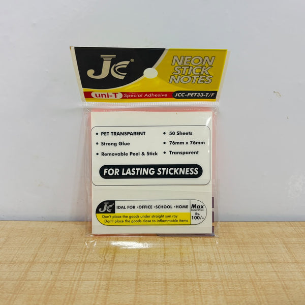 A08024 JC Neon Transparent Multi Colour Sticky Notes- 3x3 Inches, (76mm x 76mm, 50 Sheets)