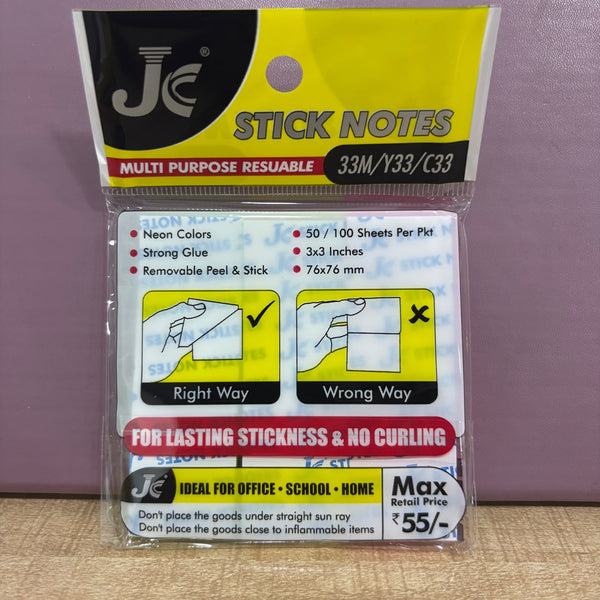 A08025 JC Stick Notes 3x3 Inch Self-Adhesive Sticky Notes - 3 Cut (Multi Colors)