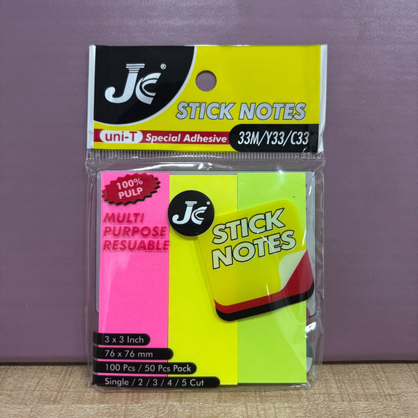 A08025 JC Stick Notes 3x3 Inch Self-Adhesive Sticky Notes - 3 Cut (Multi Colors)