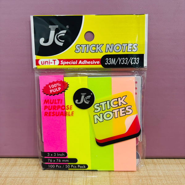 A08026 JC Stick Notes 3x3 Inch Self-Adhesive Sticky Notes - 4 Cut (Multi Colors)