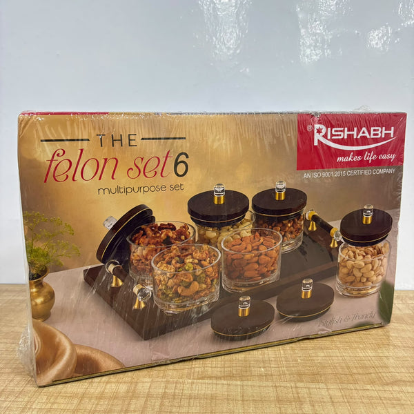 A08034 Rishabh "The Felon Set 6" Multipurpose Dry Fruit & Snack Storage Container Set with Wooden Serving Tray