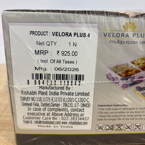 A08041 Rishabh Velora Plus 4 Section Multipurpose Dry Fruit & Snack Box Container Set with Lid