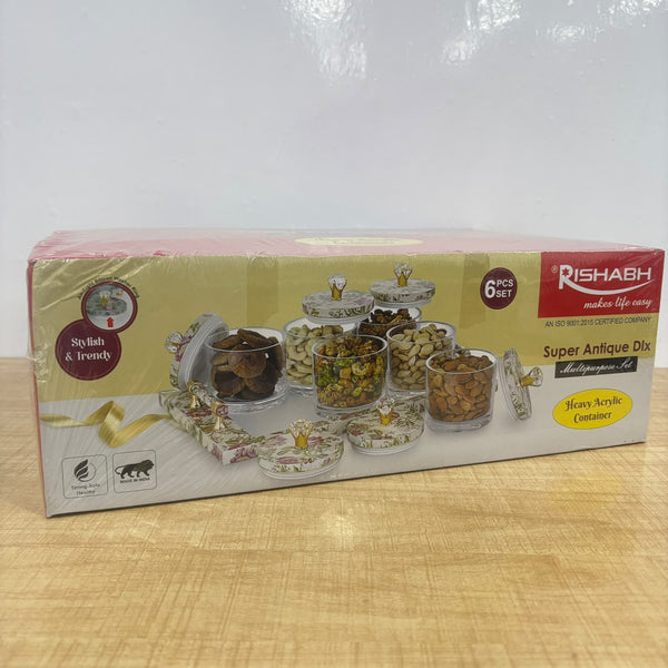 A08045 RISHABH Super Antique Deluxe Heavy Acrylic Multipurpose Dry Fruit Container Set with Serving Tray (Set of 6 Containers)