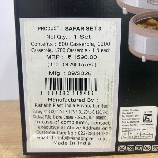 A08048 Rishabh Safar Stainless Steel Insulated Hot Pot Casserole Set (3 Pcs - 800ml, 1200ml, 1700ml)