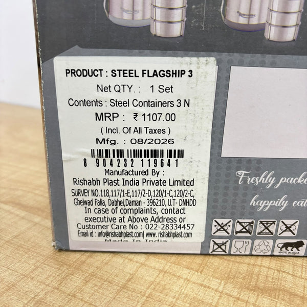 A08051 Rishabh Steel Flagship 3 Insulated Stainless Steel Lunch Box Set (3 Containers)