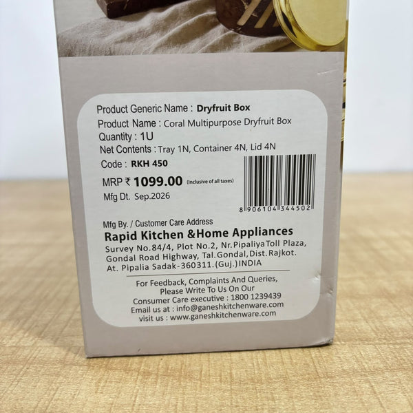 A08074 GANESH Coral Multipurpose Dryfruit Box Set with Serving Tray & Gold Lids (4 Containers)
