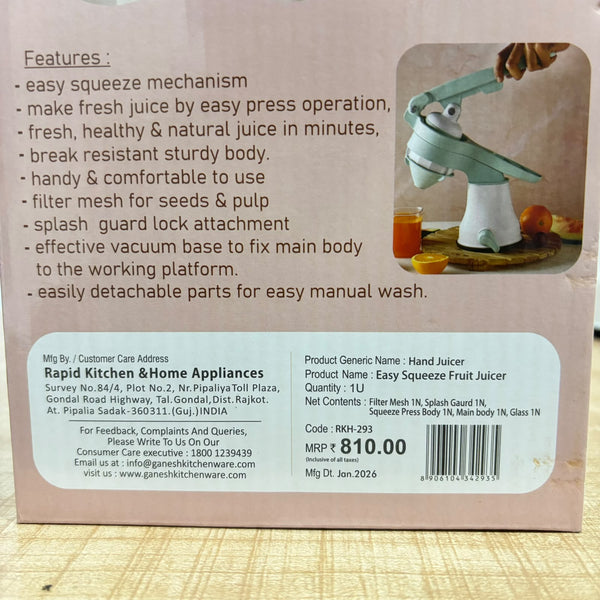 A08075 Ganesh Plastic Easy Squeeze Manual Hand Press Fruit Juicer Machine with Vacuum Base & Glass