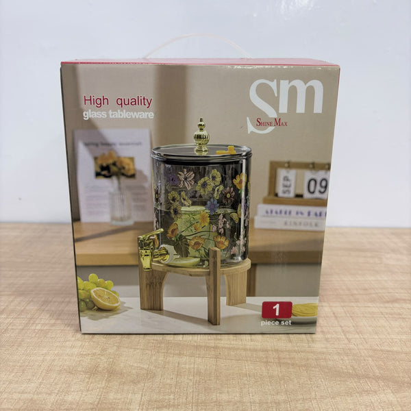 A08079 Shine Max 3.6L Printed Glass Beverage Dispenser with Wooden Stand & Golden Tap