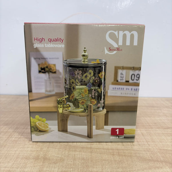 A08079 Shine Max 3.6L Printed Glass Beverage Dispenser with Wooden Stand & Golden Tap