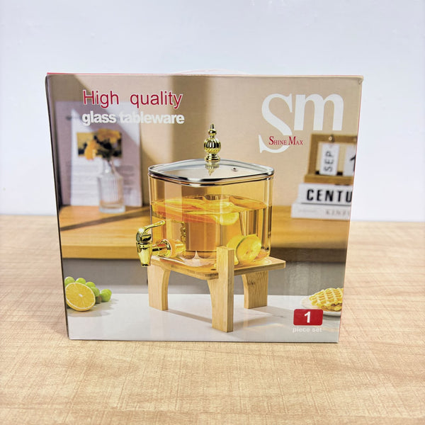A08080 Shine Max 3.2L Square Glass Beverage Dispenser with Wooden Stand & Gold Tap