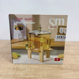 A08080 Shine Max 3.2L Square Glass Beverage Dispenser with Wooden Stand & Gold Tap