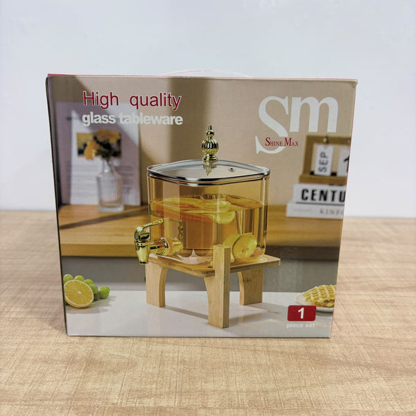 A08080 Shine Max 3.2L Square Glass Beverage Dispenser with Wooden Stand & Gold Tap