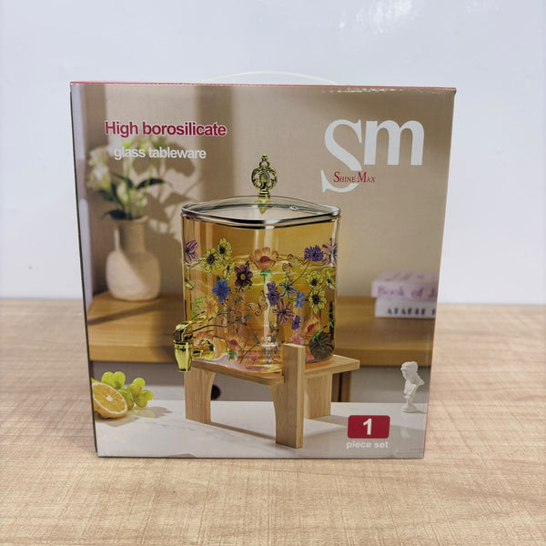 A08084 Shine Max 4.2L Printed Borosilicate Glass Beverage Dispenser with Tap & Wooden Stand