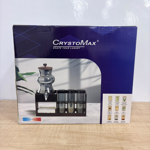 A08085 CrystoMax Premium Glass Beverage Dispenser Set with Wooden Stand, Glasses & Tissue Holder