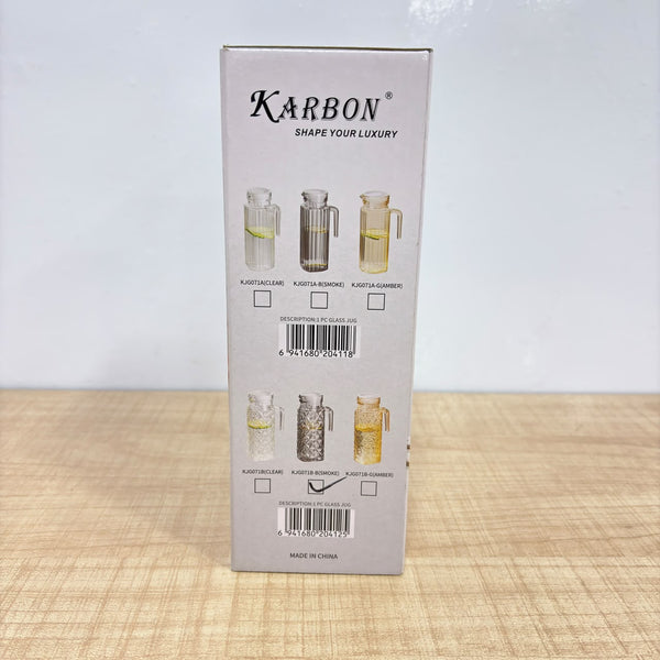 A08087 KARBON Premium Ribbed Glass Pitcher with Handle & Lid - Transparent Water & Juice Jug
