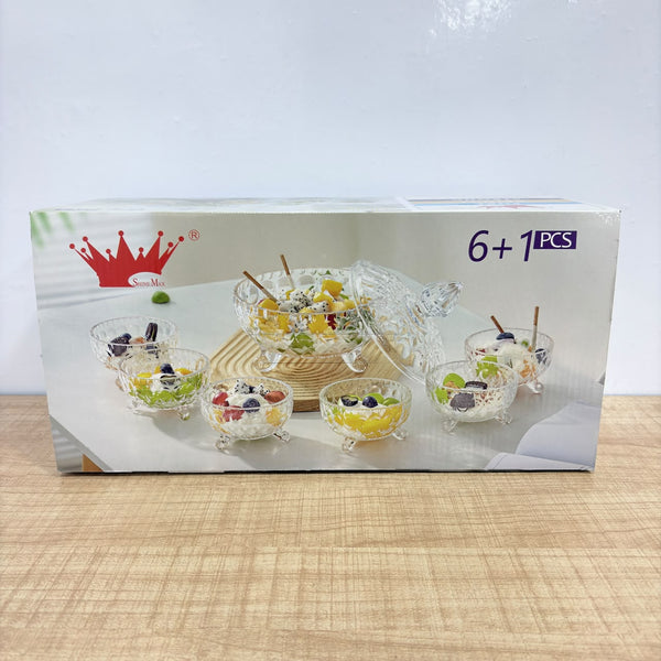 A08093 Shine Max 7 Pcs Crystal Glass Serving Bowl Set with Lid (1 Large Bowl with Lid + 6 Small Dessert Bowls)