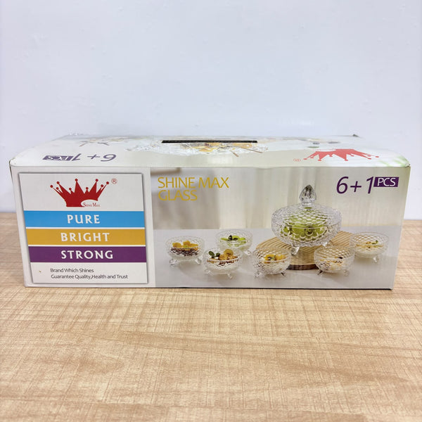A08093 Shine Max 7 Pcs Crystal Glass Serving Bowl Set with Lid (1 Large Bowl with Lid + 6 Small Dessert Bowls)