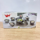 A08094 Shine Max 7-Pcs Decorative Crystal Glass Dessert & Pudding Bowl Set with Lid (6 Bowls + 1 Large Serving Bowl with Lid)