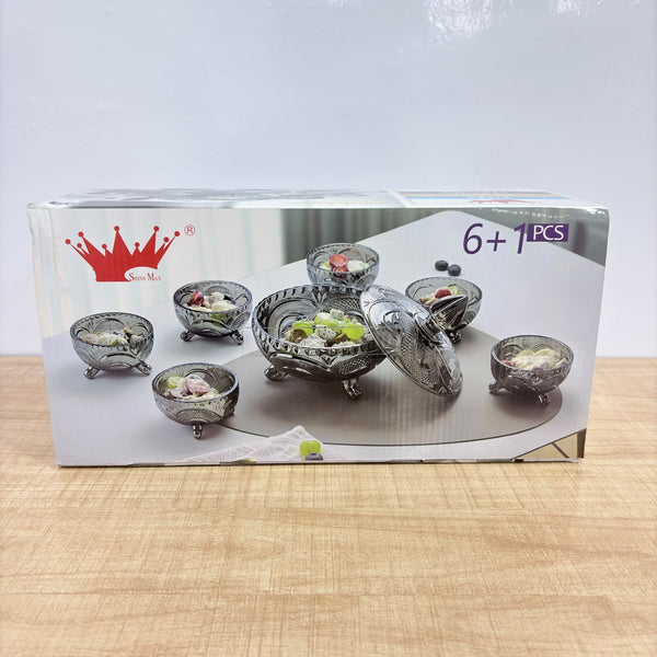 A08094 Shine Max 7-Pcs Decorative Crystal Glass Dessert & Pudding Bowl Set with Lid (6 Bowls + 1 Large Serving Bowl with Lid)
