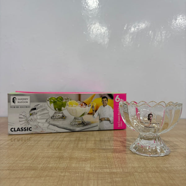A08096 Sanjeev Kapoor Premium Glass Ice Cream Bowl Set (120ml, Set of 6) - Classic Design