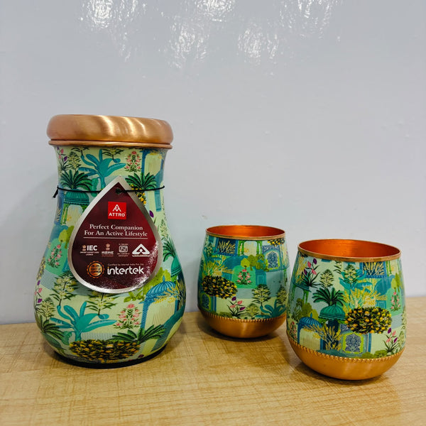 A08098 ATTRO Copper Water Kalash Pot (7.5L) with 2 Printed Glasses Set ...