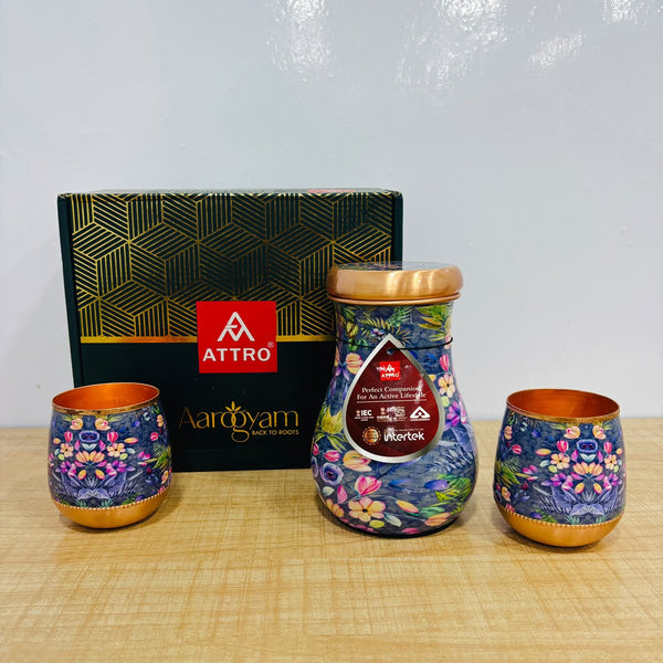 A08098 ATTRO Copper Water Kalash Pot (7.5L) with 2 Printed Glasses Set ...