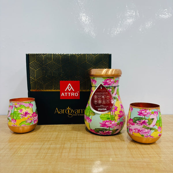 A08098 ATTRO Copper Water Kalash Pot (7.5L) with 2 Printed Glasses Set ...