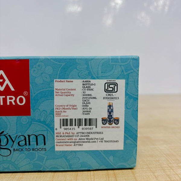 A08099 ATTRO Aarogyam Pure Copper Celebration Gift Set – 1000 ml Printed Bottle & 2 Matching Glasses