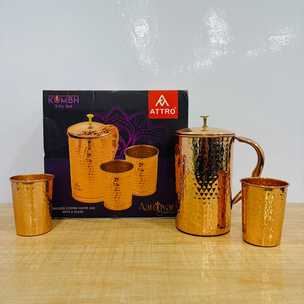 A08100 ATTRO Kumbh Pure Copper Water Jug Set with 2 Glasses