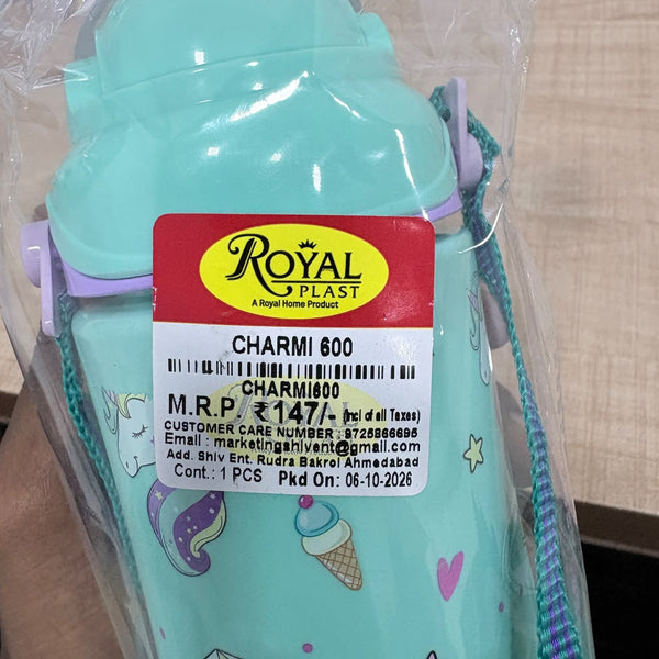 A08103 Royal Plast Charmi 600ml Printed Water Bottle with Adjustable Strap & Flip-Top Cap