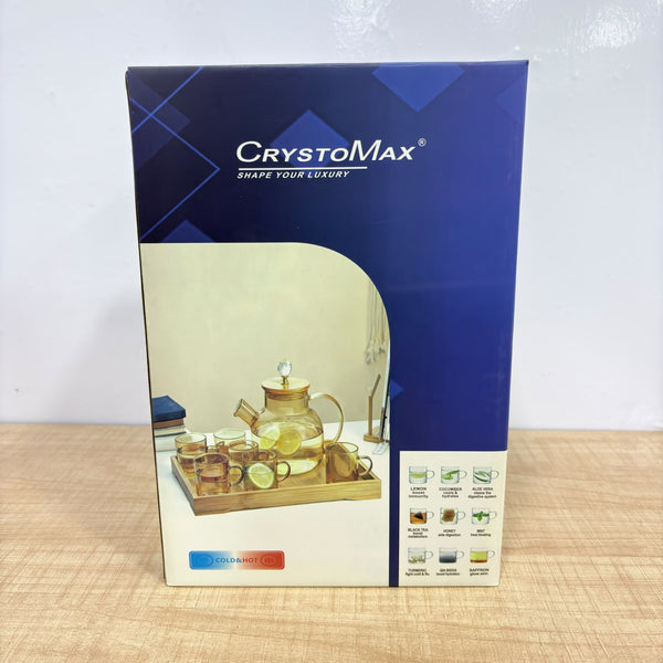 A07072 Shine Max Glass Tea Kettle Set with 6 Cups & Wooden Serving Tray