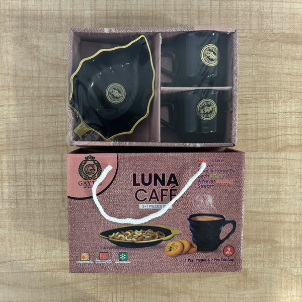 Di0313 Mix Design Luna Cafe 3-Piece Black Tea/Coffee Set with Leaf-Shaped Snacks Platter