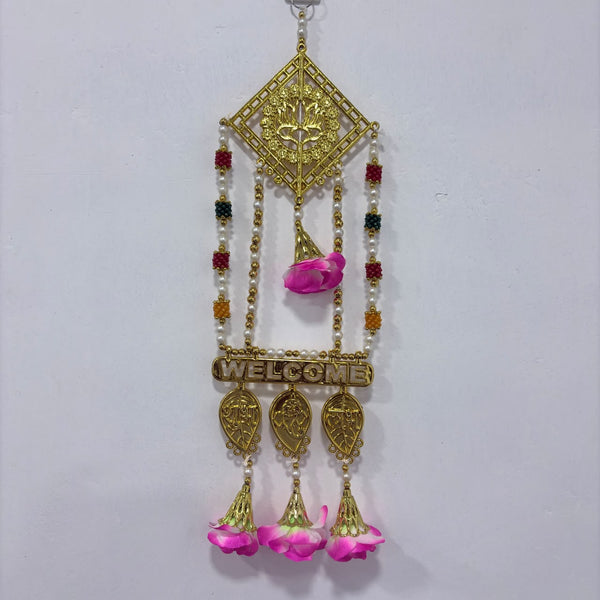 A08175 L-52 Fancy Door Hanging Latkan Pair with Golden Lotus & 'WELCOME' Plate (Jodi)