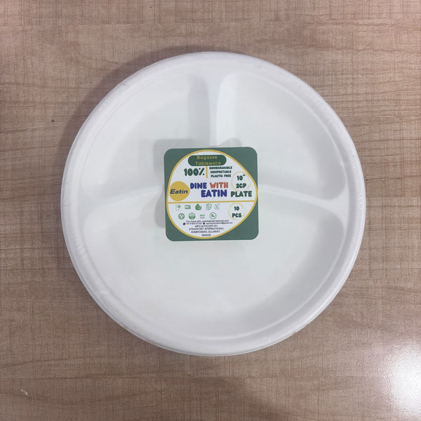 A08196 Eatin 10 Inch 3 Compartment Bagasse Biodegradable Paper Plates (Pack of 10)