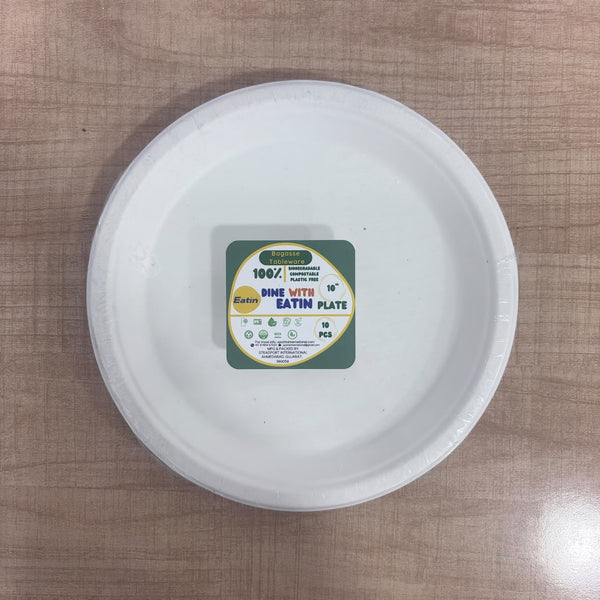 A08197 Eatin 10 Inch Biodegradable Sugarcane Bagasse Disposable Round Plates (Pack of 10)