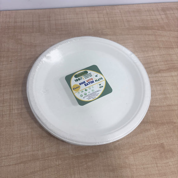 A08197 Eatin 10 Inch Biodegradable Sugarcane Bagasse Disposable Round Plates (Pack of 10)