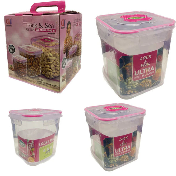 AM2264 Lock & Seal Ultra Storage Container Square Shape ( 500ml, 1000ml, 1500ml ) 3 Pcs Set