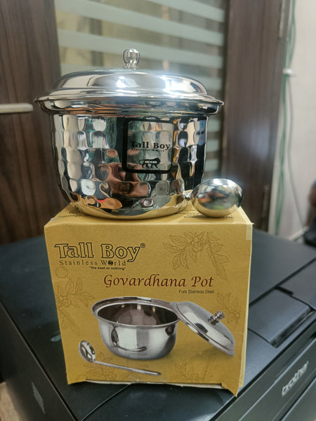 AM2212 Tall Boy Hammer ss Govardhana Ghee Pot with Lid and Spoon 200ml