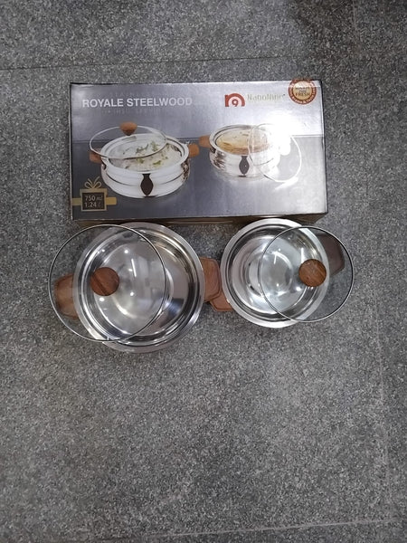 AM2234 NanoNine Royal Steelwood Double Wall Insulated Stainless Steel Casserole with Glass Lid, 1.24 L & 750 ml, 2 pc