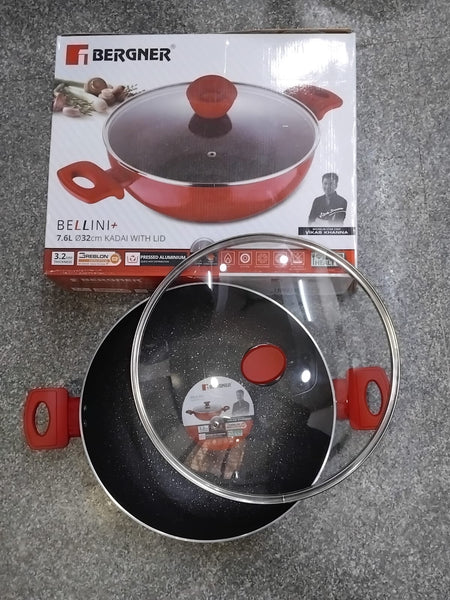 AM2260 Bergner Bellini Plus Kadai with Glass Lid 5 Layer Non Stick 32 cm 7.6 Litres Thickness 3.2mm